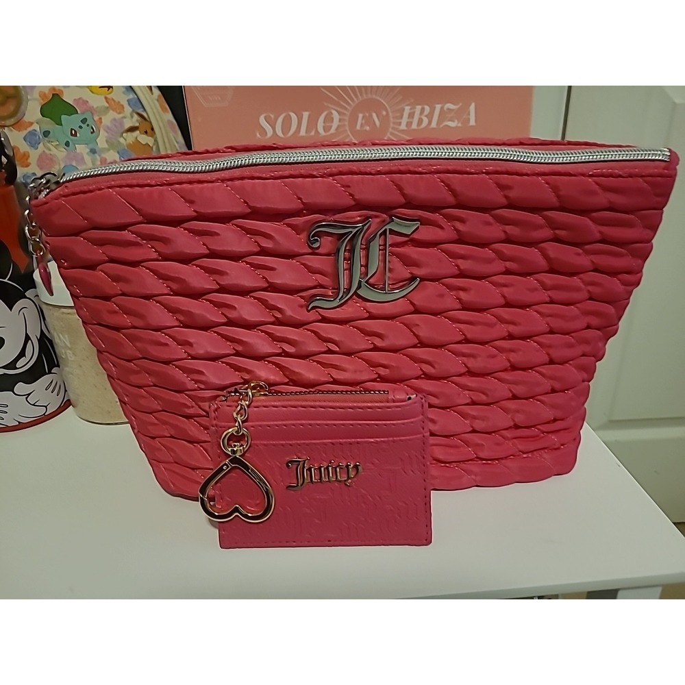 Juicy Couture Hot Pink Quilted Large Wedge Cosmetic Makeup Bag And Card Holder
